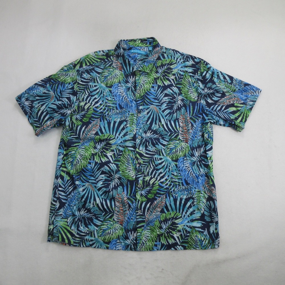 Tori Richard Men Shirt XL Tropical Leaf Hawaiian Cotton Lawn Short Sleeve Blue